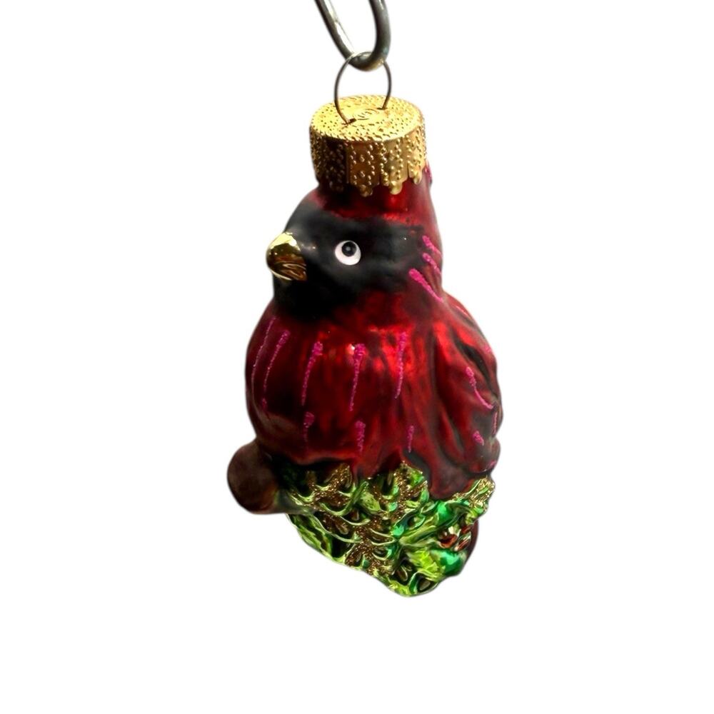 VTG Cardinal on Holly Blown Glass Christmas Ornament 90s  3.5" Unique Treasures